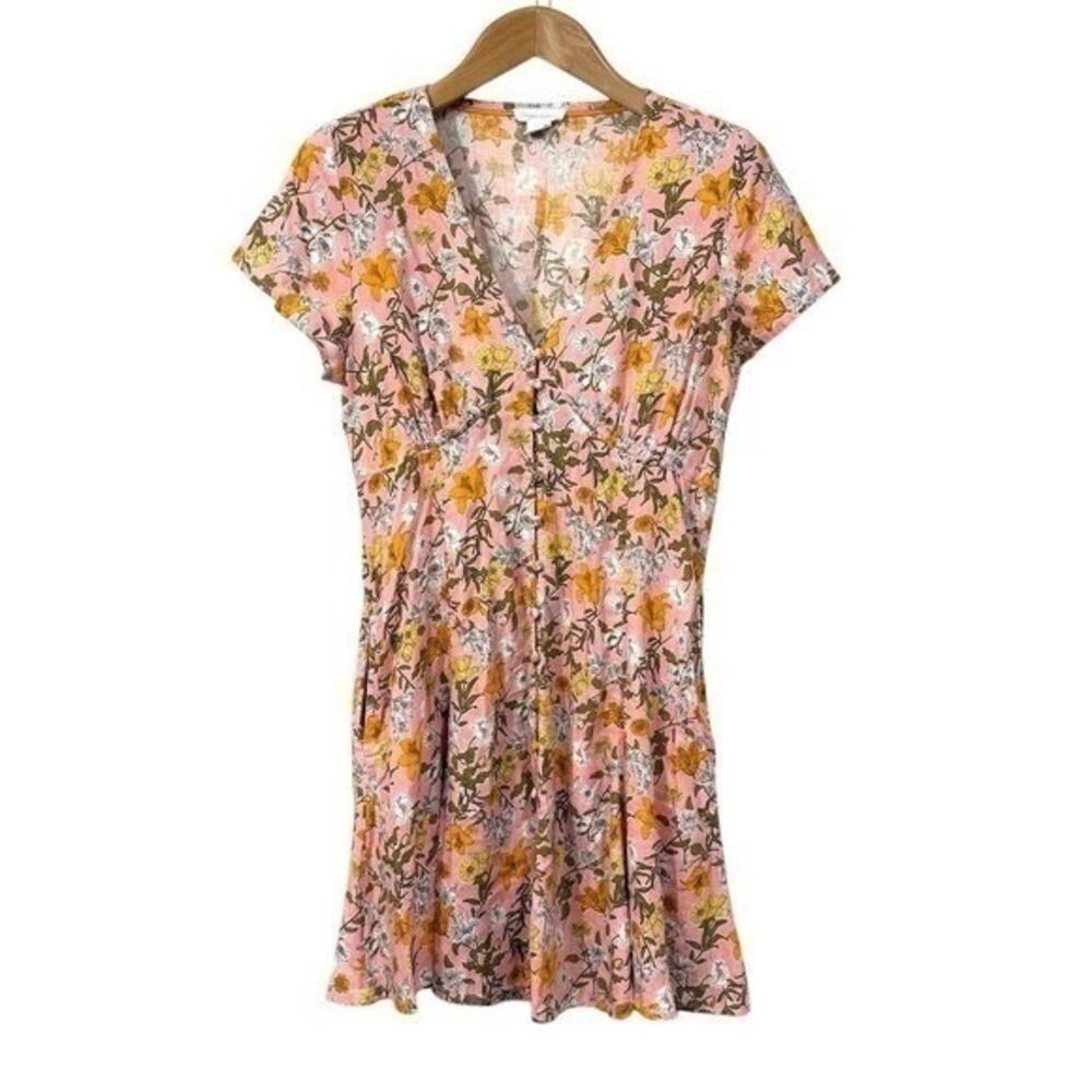 Cynthia Rowley Pink Floral Fit and Flare Dress Size 12 V-Neck Spring Brunch Tea